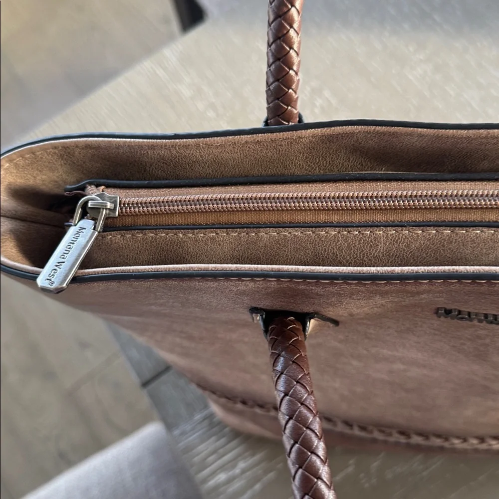 Montana West Pewter Brown Faux Leather Concealed Carry Bag Tote Braided Details - Picture 14 of 15